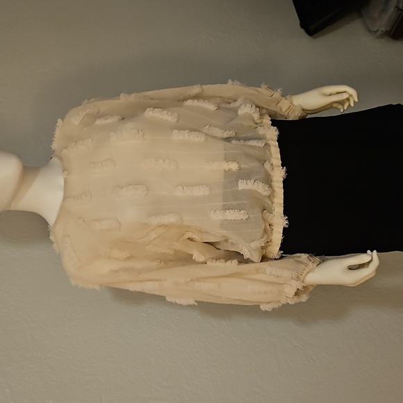 ZARA Cream Textured Metallic Gold Balloon Sleeve Oversized Sheer Blouson Top - Picture 2 of 7